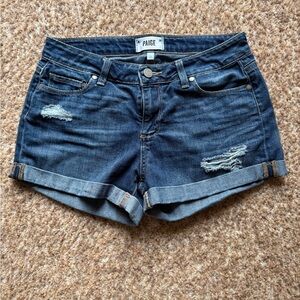 PAIGE Dark Blue Distressed Jean Shorts